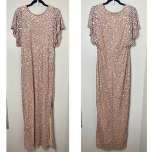 ADRIANNA PAPELL SEQUIN FAUX PEARL BEADED EMBELLISHED MAXI DRESS LONG GOWN 10